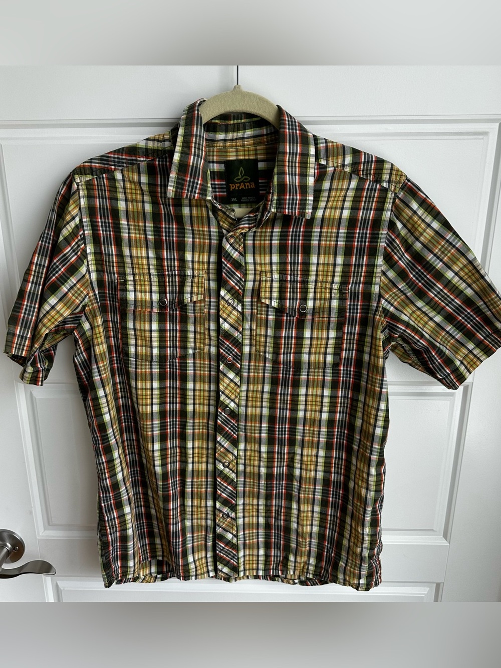 prAna Men's Short Sleeve Plaid Snap Shirt Size Small
